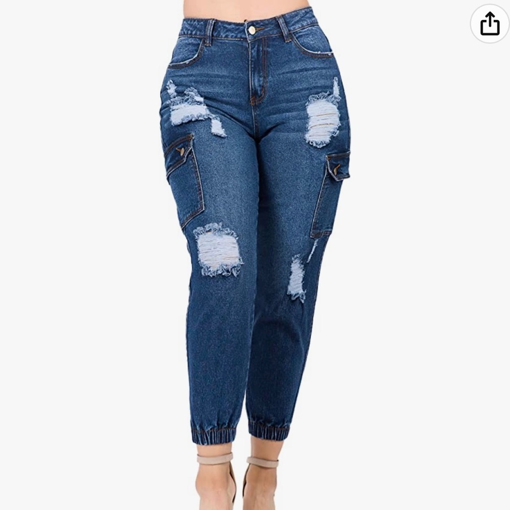 High waist ripped cargo jean joggers